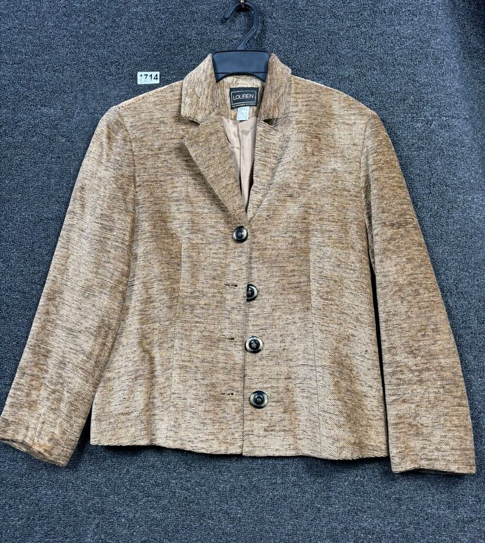 VTG Louben Blazer Jacket Womens Size 8 Textured Tan Gold 4 Button Closure Casual
